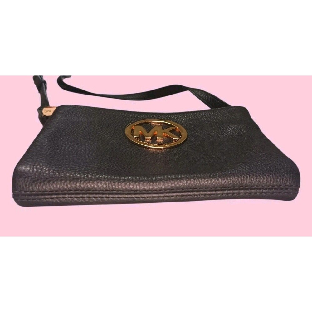 MICHAEL KORS FULTON Black Pebbled Leather Crossbody Bag Small Messenger MK Logo - Picture 5 of 6